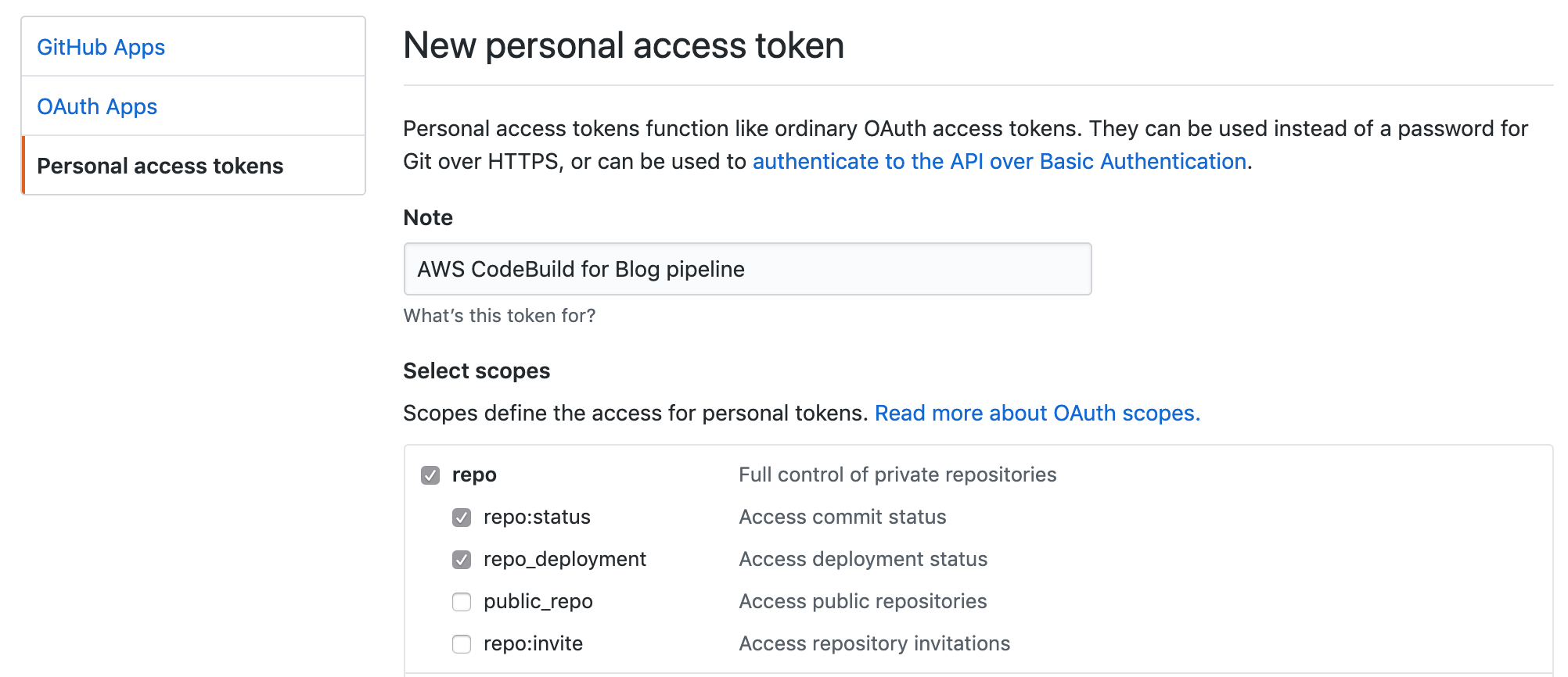 GitHub personal access token scope selection