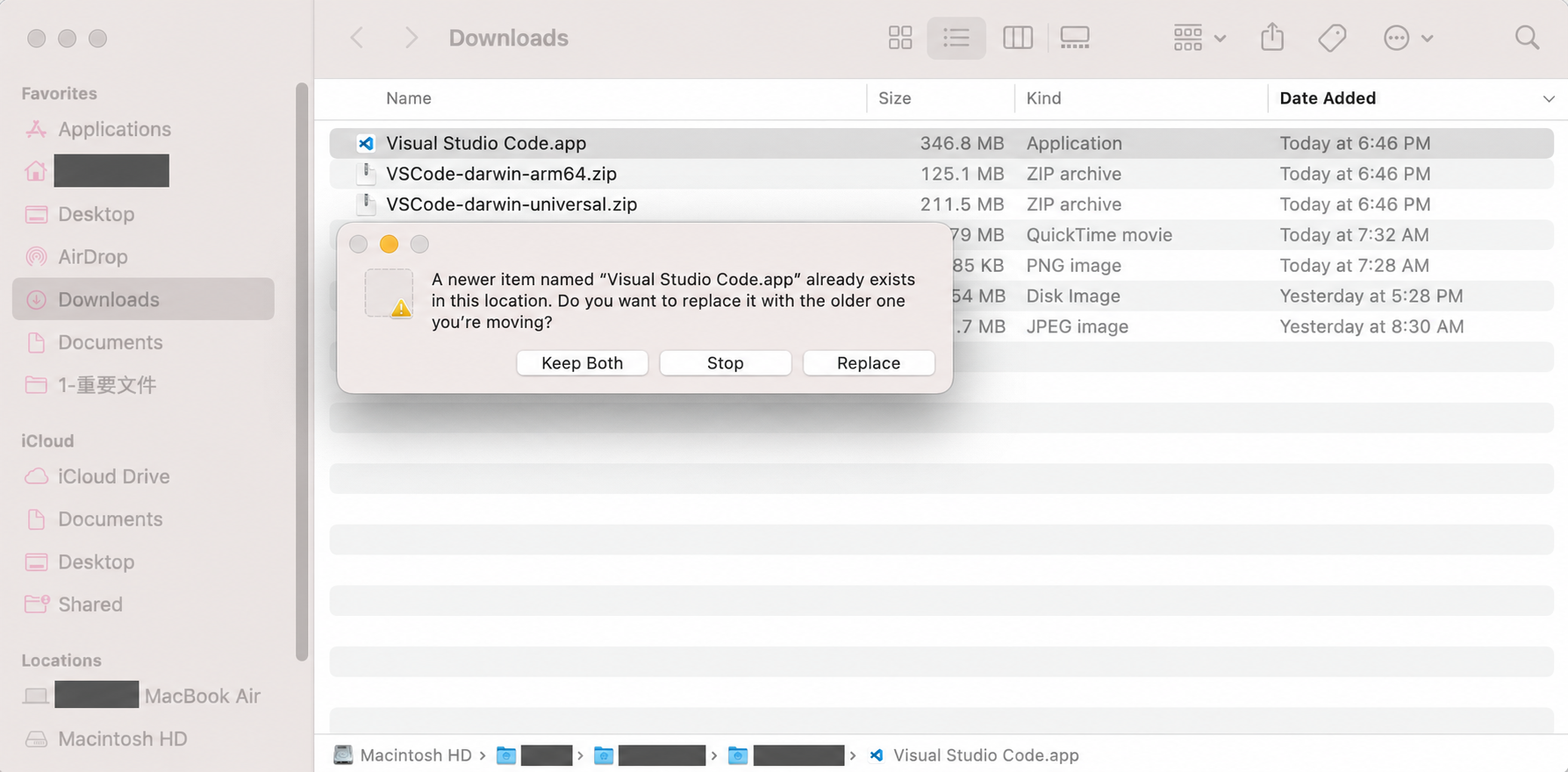 Installing the Apple Silicon version of Visual Studio Code; personal Finder labels masked